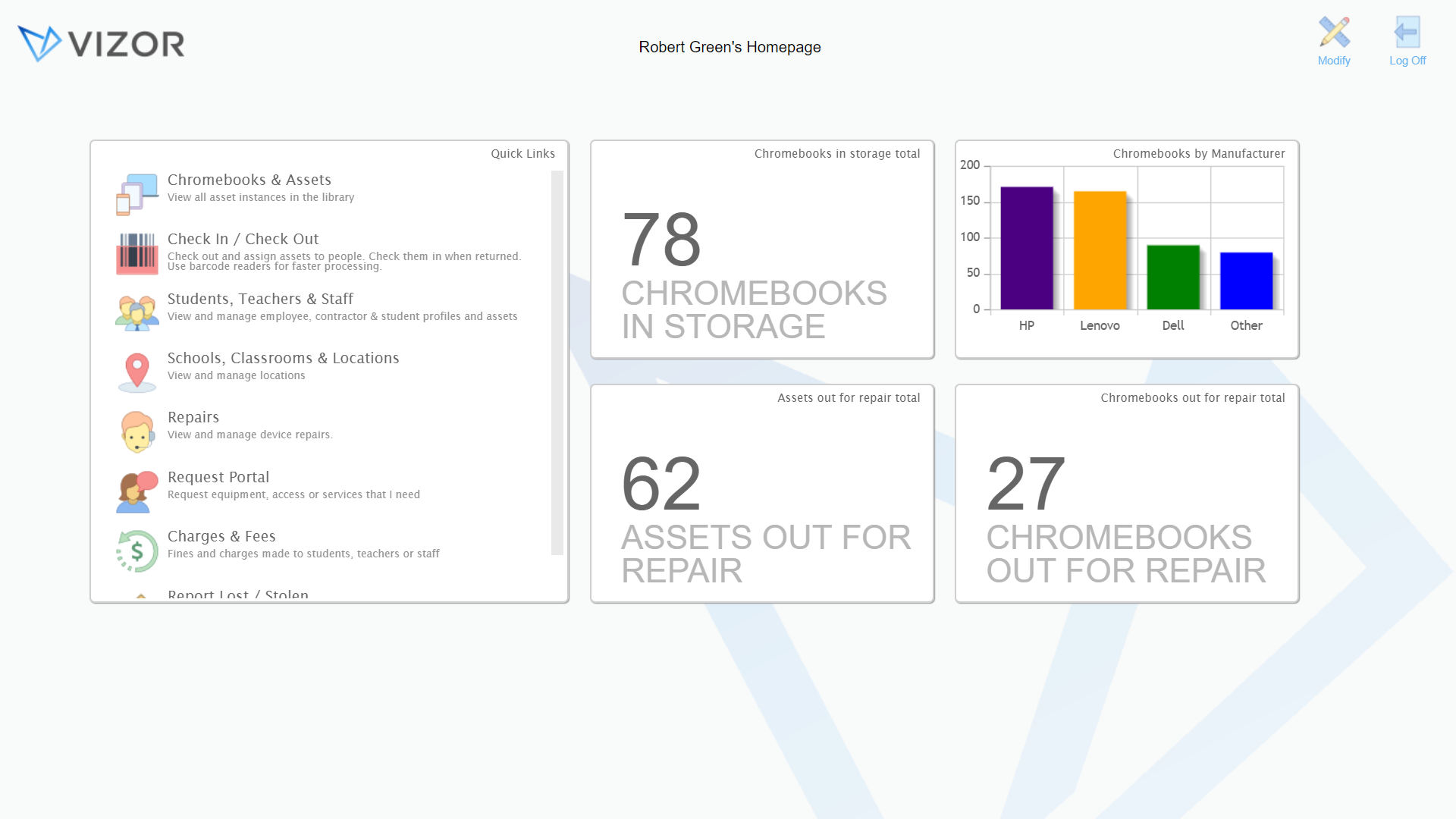 screenshot of VIZOR IT Asset Management for Schools